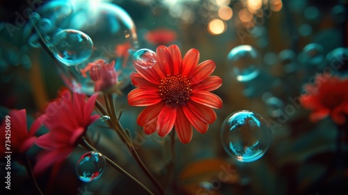  a close up of a red flower with bubbles in the foreground and a blurry background of water droplets on the bottom of the petals and bottom of the petals.