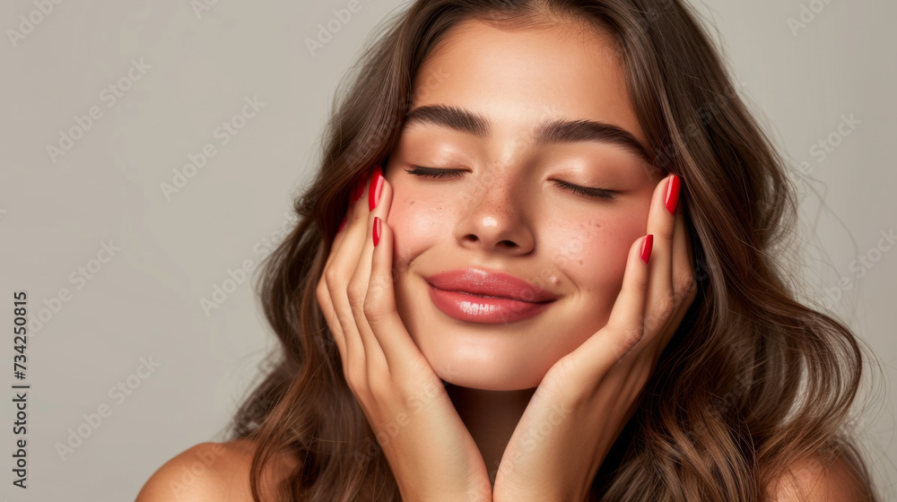 close-up portrait of a young woman with a serene expression, her eyes closed and hands gently touching her cheeks, showcasing natural beauty with freckles and a slight smile. close-up portrait of a young woman with a serene expression, her eyes closed and hands gently touching her cheeks, showcasing natural beauty with freckles and a slight smile.