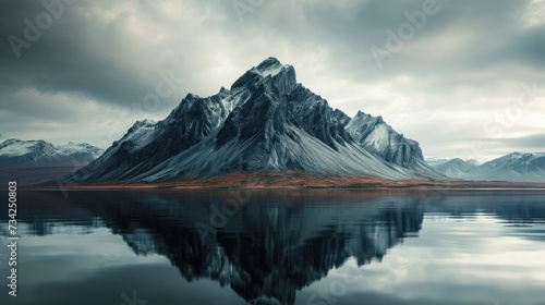  a mountain is shown with a body of water in the foreground and a cloudy sky in the background, with a reflection of the mountain in the water in the foreground.