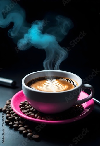 A steaming cup of coffee surrounded by coffee beans on a dark surface