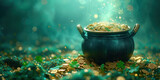 Pot full of gold coins and shamrock leaves. St. Patrick's day abstract background with copy space.