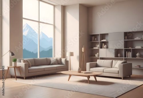  A modern living room with a large window providing a view of mountains  featuring a sectional sofa  two armchairs  a coffee table  a floor lamp  and a shelving unit