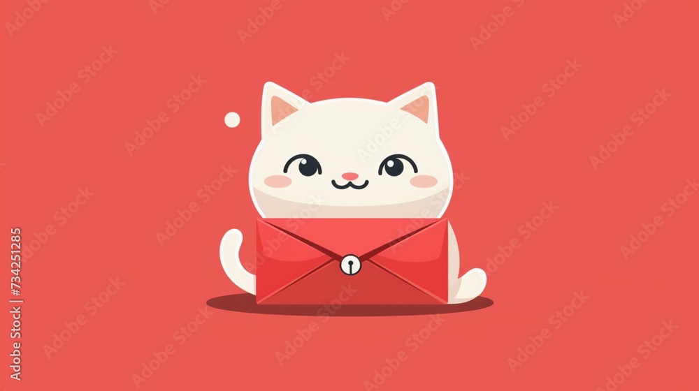 flat logo of chibi cat isolated on a red lucky envelope background