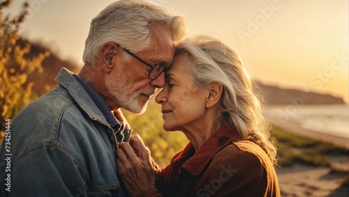 Side view of senior couple hugging outside in spring nature on beach ,sunset