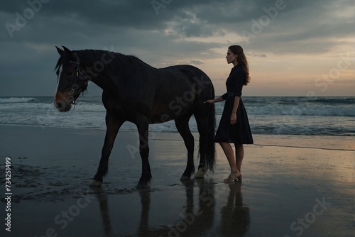 Side view of woman in black dress standing with horse in dark background on beach