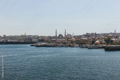 superbe view of bosphorus strait magnific city istanbul with boats passing by and huge mosquee on top of hill