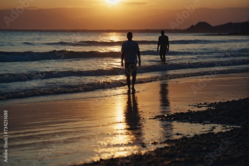  silhouette of Anonymous people on shore at sunset time
