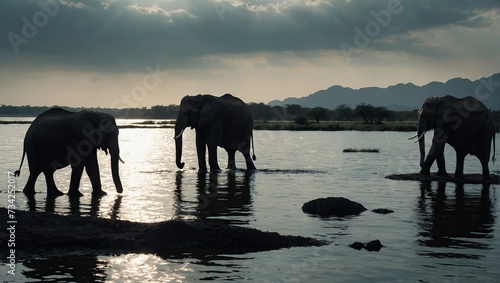  silhouette of Elephants walking by the lake © LIFE LINE