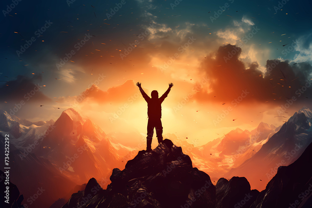 silhouette of a person on the top of mountain, celebrating success with copy space