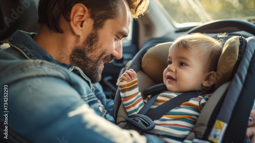 smiling father looking at his baby who is securely strapped into a car safety seat, depicting a moment of bonding and responsible parenting. © MP Studio