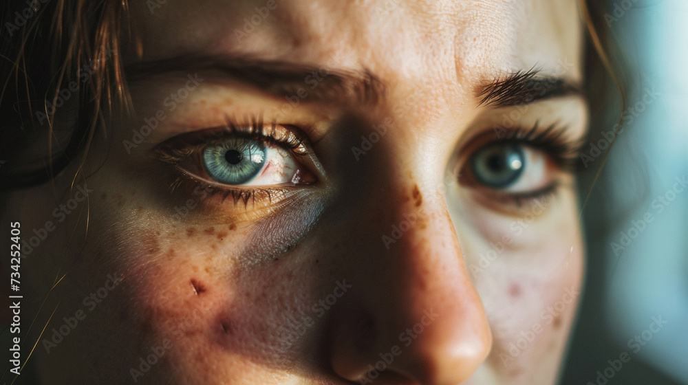 close up of a Beaten woman standing in front of a dark wall demonstrating violence on women, sexual assault