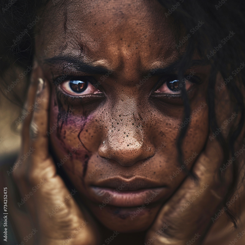 close up of a Beaten woman standing in front of a dark wall demonstrating violence on women, sexual assault close up of a Beaten woman standing in front of a dark wall demonstrating violence on women, sexual assault