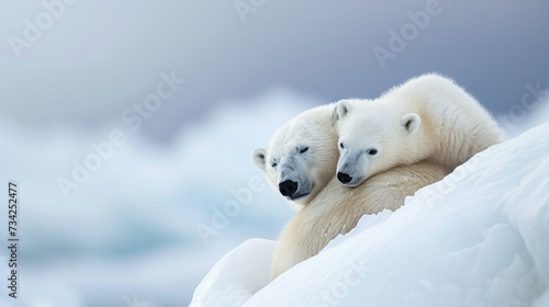  a couple of polar bears sitting next to each other on top of a snow covered hill next to a body of water with clouds in the sky in the background.