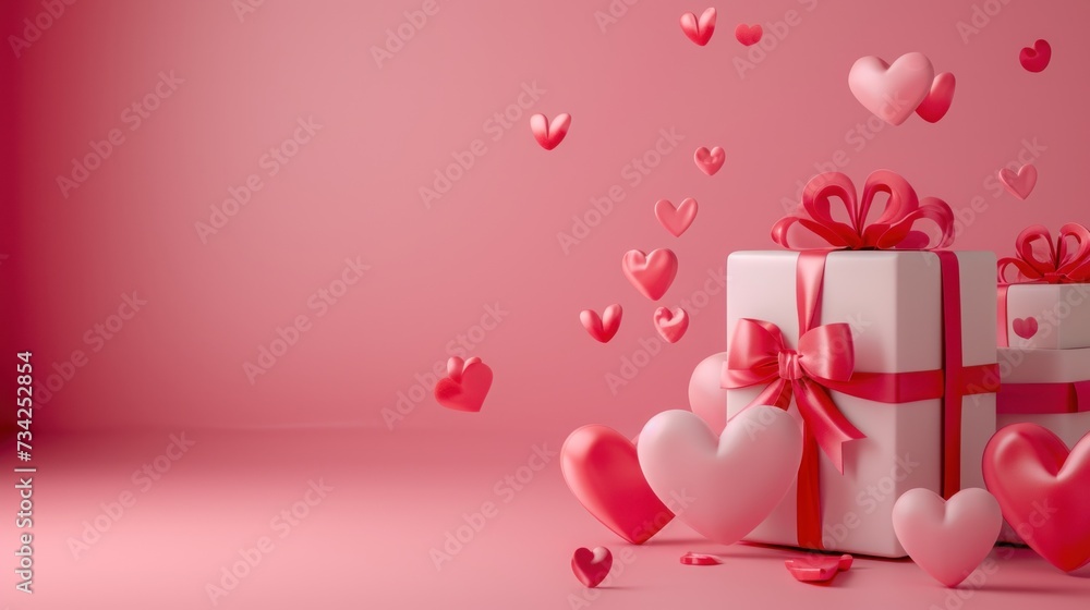  a pink valentine's day background with hearts and a gift box with a red ribbon and a bow on a pink background with a lot of hearts flying in the air.