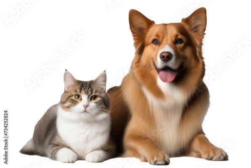 a quality stock photograph of a beautiful happy cat and dog standing next to each other isolated on a white or transparant background
