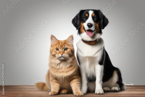 a quality stock photograph of a beautiful happy cat and dog standing next to each other isolated on a white or transparant background