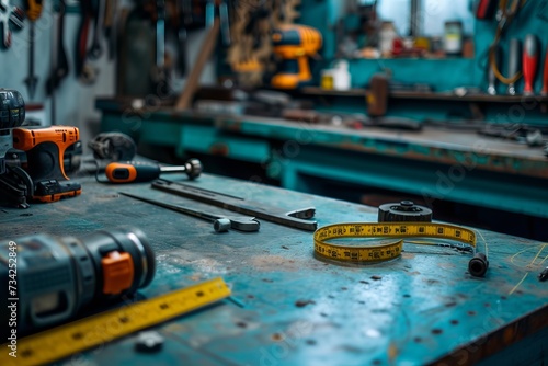 Close Up of Measuring Tape on Work Bench photo