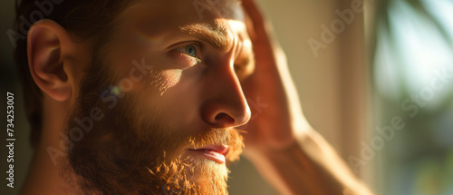 Captivating Close-Up: Man in Contemplation, Gaze Fixed Beyond the Frame, Sunlight Gracing His Features