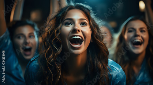 Euphoric Crowd at Concert.  An exuberant young woman cheers amidst a crowd at a concert, perfect for themes of music events, festivals, excitement, and youthful joy. © Yuliia