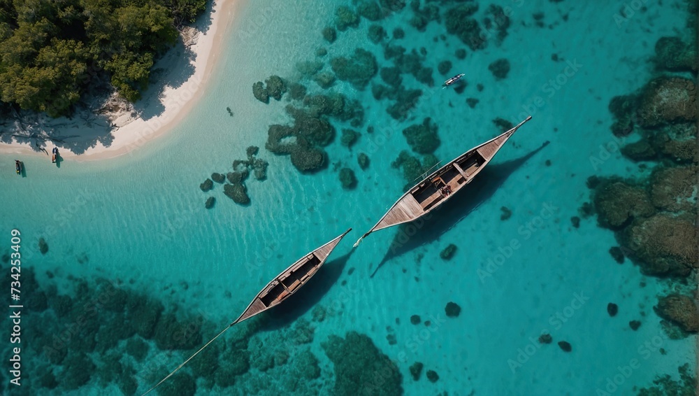 View from above, stunning aerial view of two long tail boats floating on a turquoise water View from above, stunning aerial view of two long tail boats floating on a turquoise water