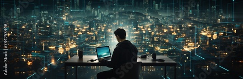a man sitting at a desk with a laptop in front of a city photo