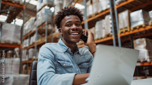 young African American man wearing a denim shirt, smiling while talking on a smartphone, sitting in front of a laptop in a warehouse or storage facility.