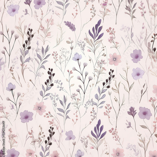 Wallpaper in a botanical style with flowers, branches and leaves .