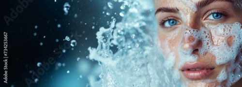 Refreshing Water Splash on Woman's Face: Close-up of a woman's face partially covered in sudsy water, with water droplets suspended in the air