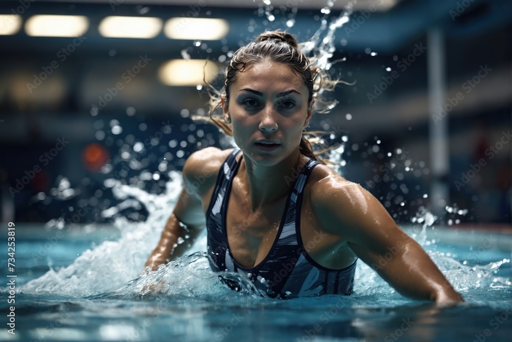 water splash or woman in swimming pool for competition training, fitness or energy water splash or woman in swimming pool for competition training, fitness or energy