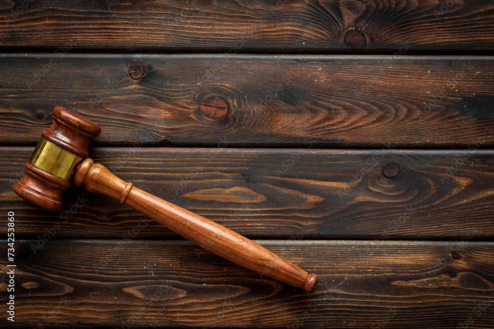Fototapeta premium Wooden judge gavel top view. Law and justice concept
