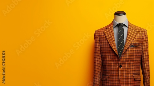 a beautiful loin wearing a suit with a tie on a plain yellow background on the left side of the image and the right side blank for text