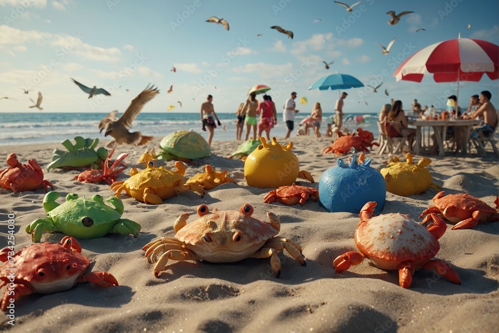 whimsical beach party attended by toys of anthropomorphic crabs, seagulls, and starfish, complete with beach umbrellas and sandcastles - obrazy, fototapety, plakaty 