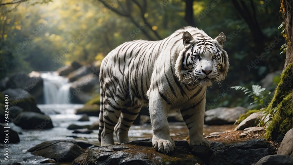 white tiger standing near water with blue eyes