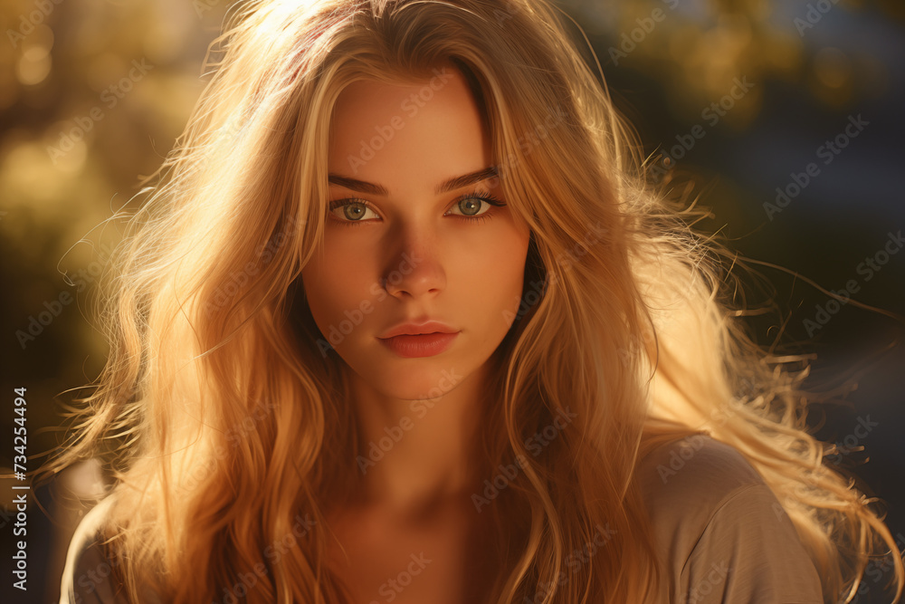 Beautiful blonde woman glowing in the sun with wind blowing through her hair Beautiful blonde woman glowing in the sun with wind blowing through her hair