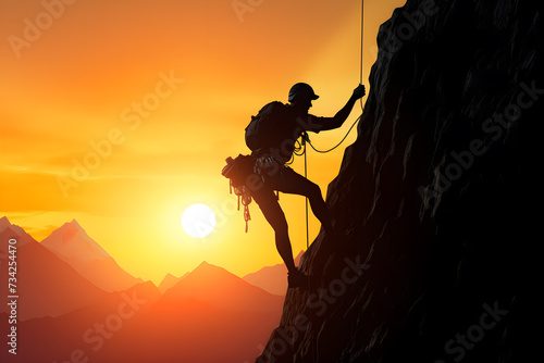 hiker hanging from a mountain holding a rope, sunrise warm light background with copy space