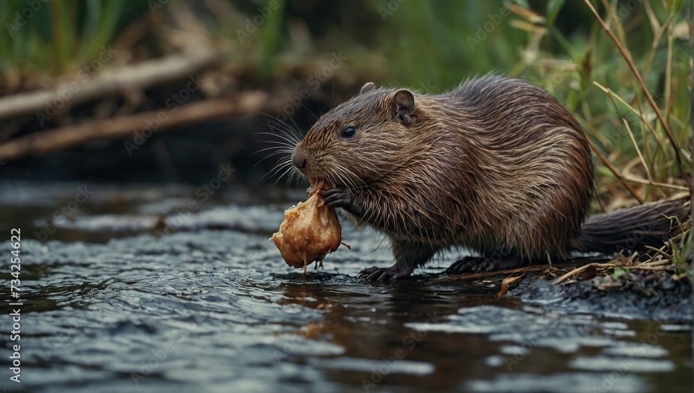 Wild animal Muskrat eats on the river bank Wild animal Muskrat eats on the river bank