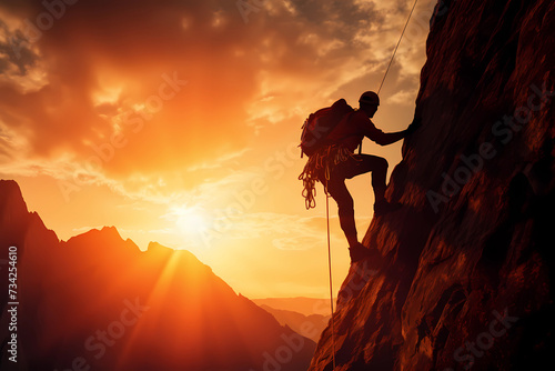Silhouette of a hiker hanging from a mountain holding a rope, sunrise warm light background with copy space
