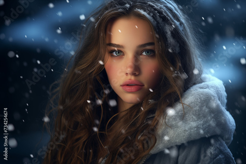 Beautiful portrait of a woman in winter clothes with snow in her hair
