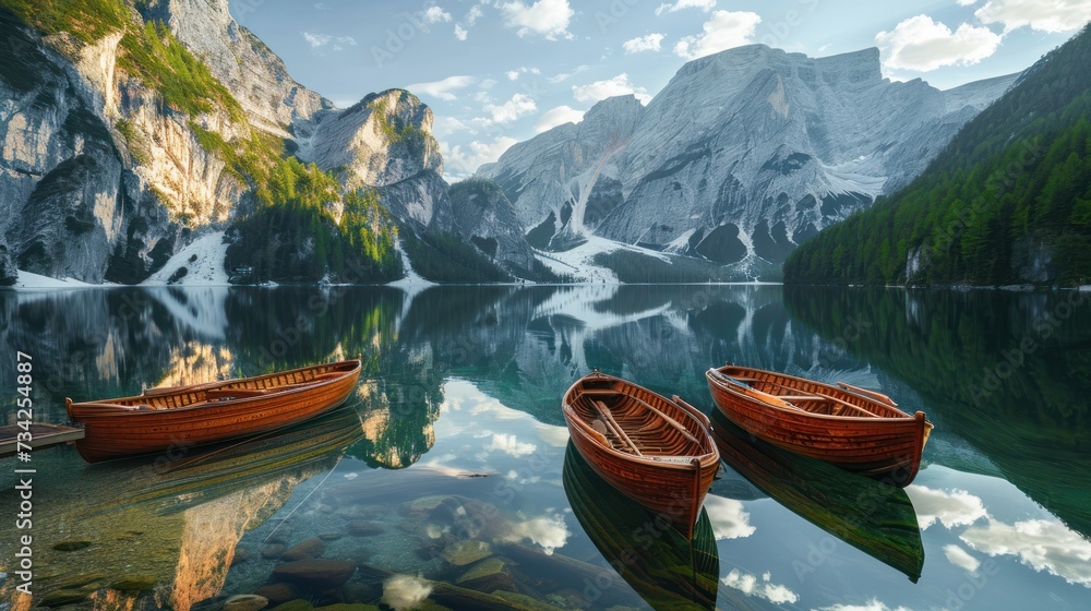  a couple of boats floating on top of a lake next to a lush green forest covered mountain covered with snow covered mountains are reflected in the still water of the lake.