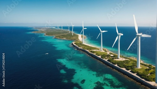 Windmill park in the ocean, drone aerial view of windmill turbines generating green energy electrically, windmills isolated at sea