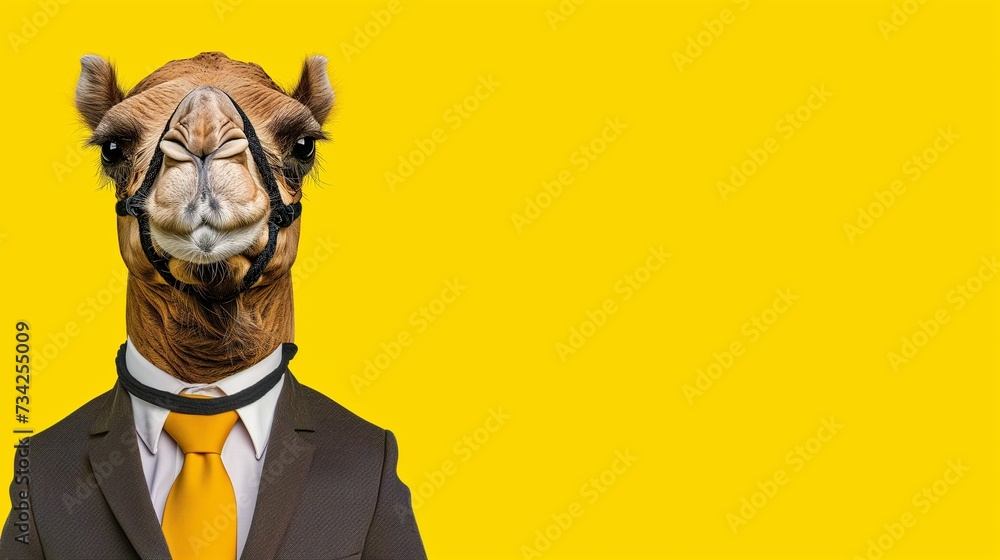 a camel wearing a suit with a tie on a plain yellow background on the left side of the image and the right side blank for text a camel wearing a suit with a tie on a plain yellow background on the left side of the image and the right side blank for text