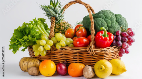 An assortment of colorful fresh vegetables and fruits spilling out of a wicker basket  representing a healthy diet and nutrition.