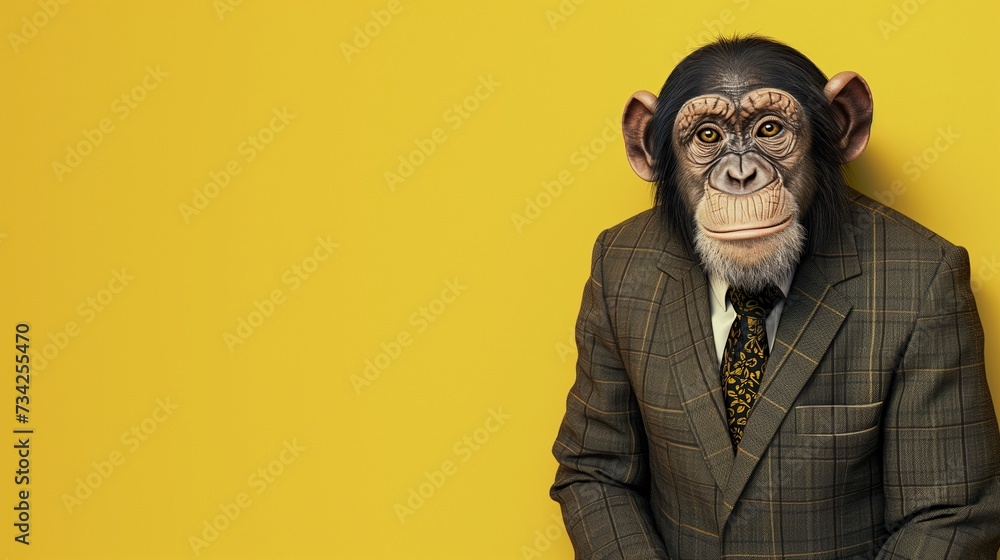 a chimpanzee wearing a suit with a tie on a plain yellow background on the left side of the image and the right side blank for text a chimpanzee wearing a suit with a tie on a plain yellow background on the left side of the image and the right side blank for text