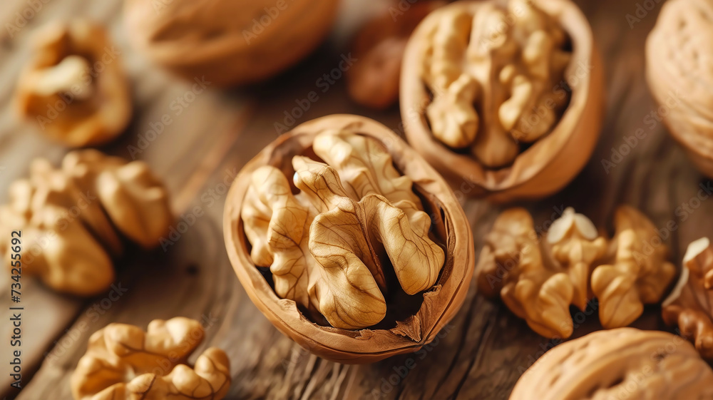 Walnuts in shells on wood representing brain health, nutrition, natural food, and omega-3s. Walnuts in shells on wood representing brain health, nutrition, natural food, and omega-3s.