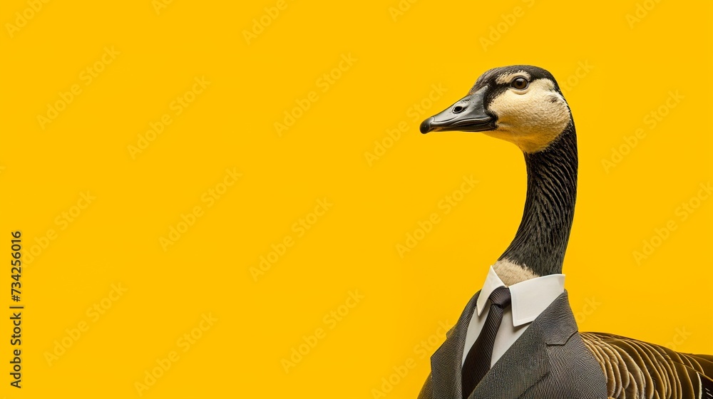 Obraz premium a goose wearing a suit with a tie on a plain yellow background on the left side of the image and the right side blank for text