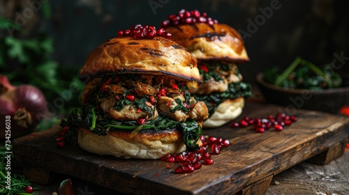  a close up of two sandwiches on a cutting board with greens and pomegranates on the side.
