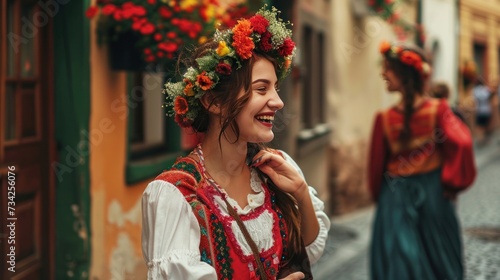Lifestyle portrait of a beautiful Medieval lady in Prague city in Czech Republic in Europe.