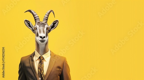 a Ibex wearing a suit with a tie on a plain yellow background on the left side of the image and the right side blank for text