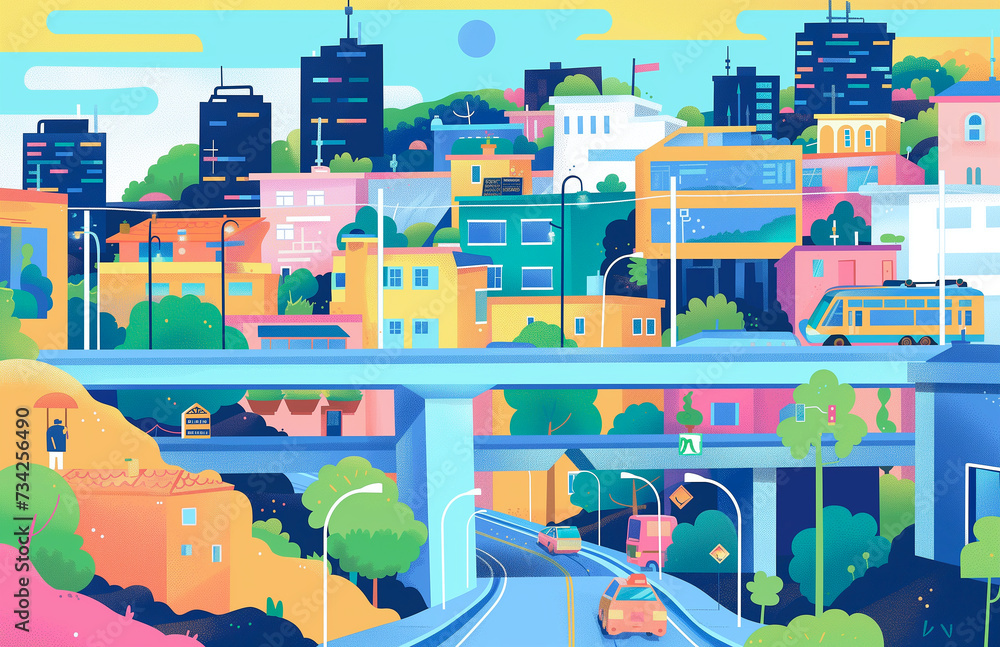 an illustration of a clean energy colorful city and suburbs