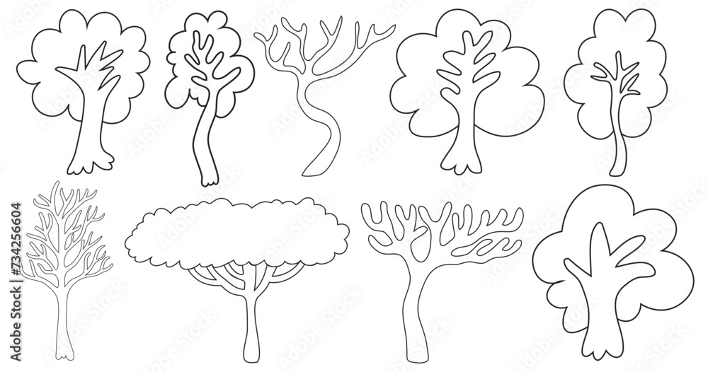 trees collection in a simple minimalist style in vector. Template for design, logo, print, icon. object in line art style for landscape, coloring trees collection in a simple minimalist style in vector. Template for design, logo, print, icon. object in line art style for landscape, coloring